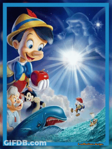 Pinocchio Holding Apple And Whale GIF