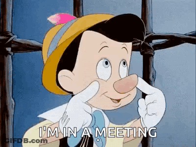 Pinocchio Making Face Saying I'm In A Meeting Holding Nose GIF