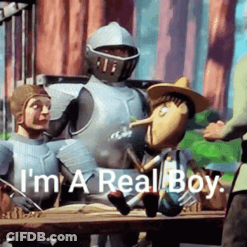 Pinocchio Saying I'm A Real Boy Next To Knight GIF