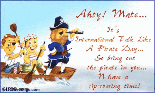Pirate In Boat Saying Ahoy Mate International Talk Like A Pirate Day GIF
