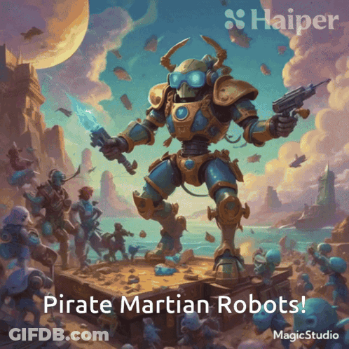 Pirate Martian Robot Holding Sword And Gun GIF