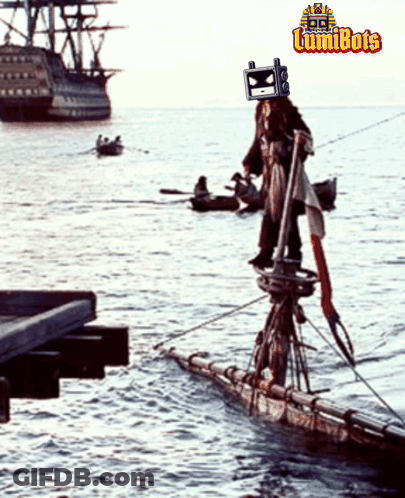 Pirate On Raft In Ocean With Lumibots Logo GIF