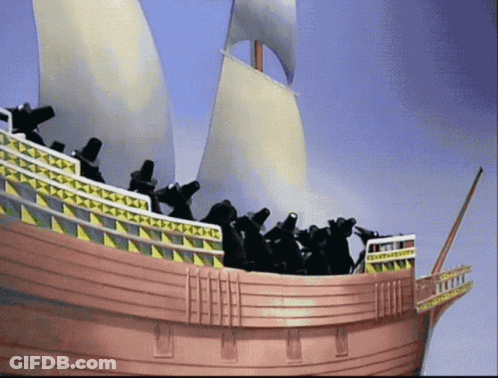 Pirate Ship Model With Yellow And White Striped Railing GIF