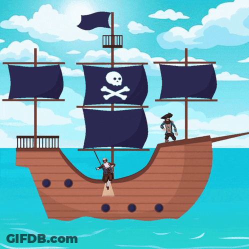 Pirate Ship With Skull And Crossbones Flag GIF
