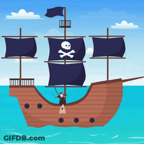 Pirate Ship With Skull And Crossbones Flag GIF