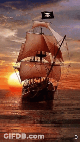 Pirate Ship With Skull And Crossbones Flag GIF