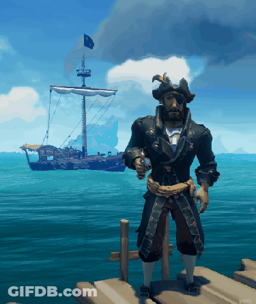 Pirate Standing On Dock In Front Of Ship GIF
