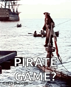 Pirate Standing On Raft In Ocean With Ship GIF
