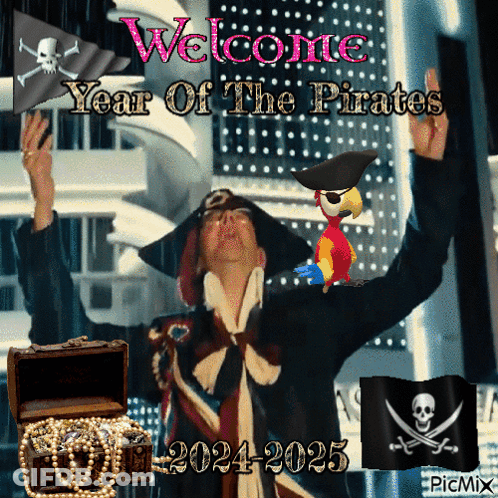 Pirate With Parrot Saying Welcome Year Of Pirates GIF