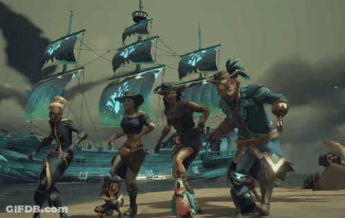 Pirates Dancing In Front Of Ship With Green Sail GIF