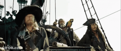 Pirates Sitting On Boat With Parrot On Steering Wheel GIF