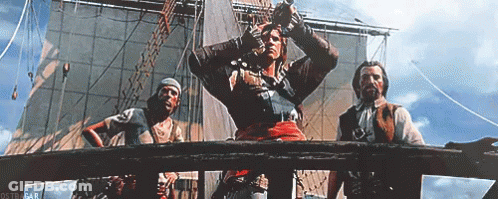 Pirates Standing On Boat With Gun GIF