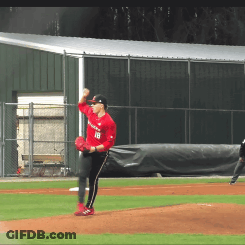 Pitcher In Red Jersey Number 18 GIF