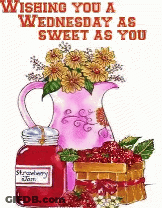 Pitcher Of Flowers, Strawberry Jam, And Basket Of Strawberries GIF