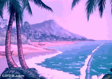 Pixel Art Beach With Palm Trees And Mountains GIF