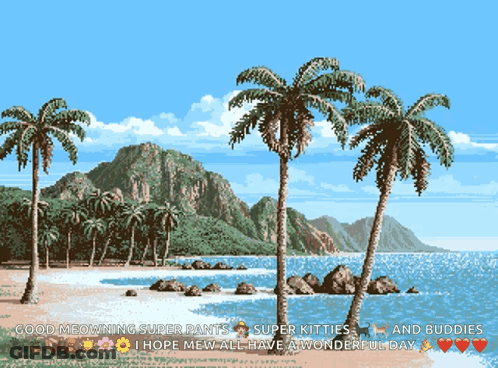 Pixel Art Beach With Palm Trees And Mountains GIF