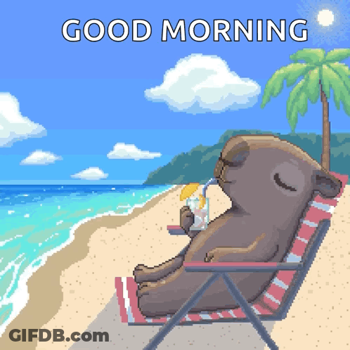 Pixel Art Bear On Beach Saying Good Morning GIF