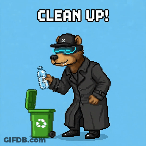 Pixel Art Bear Throwing Bottle Into Recycling Bin Saying Clean Up GIF