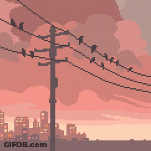 Pixel Art Birds On Power Lines With Pink Sky GIF