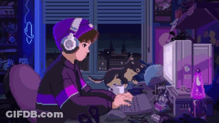 Pixel Art Boy At Computer With Headphones GIF