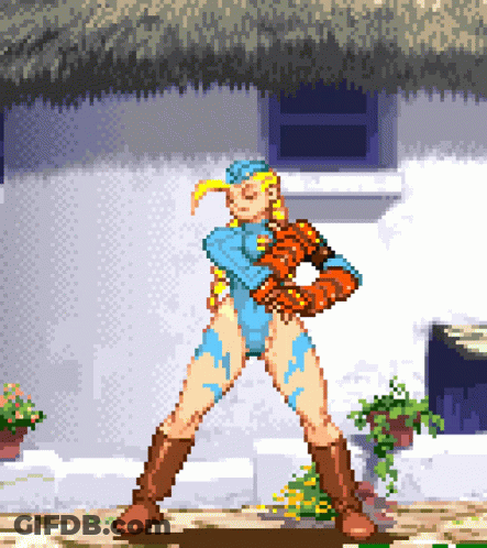 Pixel Art Cammy Street Fighter Standing In Front Of Building GIF