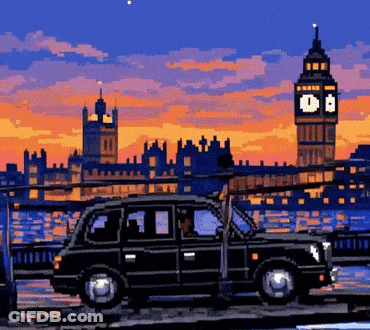 Pixel Art Car In Front Of Big Ben At Sunset GIF