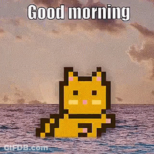 Pixel Art Cat Floating In Ocean With Good Morning Text GIF