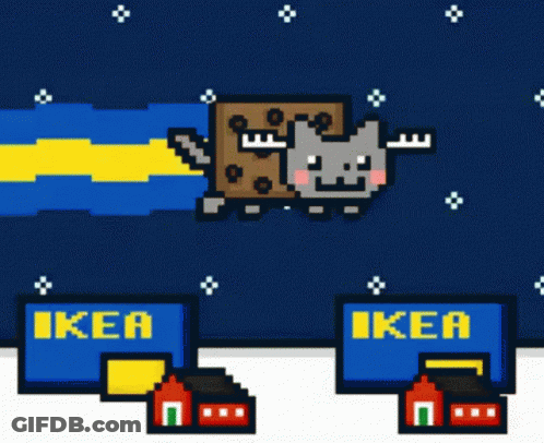 Pixel Art Cat Flying With IKEA Signs GIF