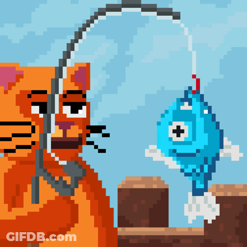 Pixel Art Cat Holding Fishing Rod Next To Fish GIF