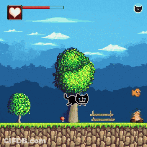 Pixel Art Cat Jumping Over Tree GIF