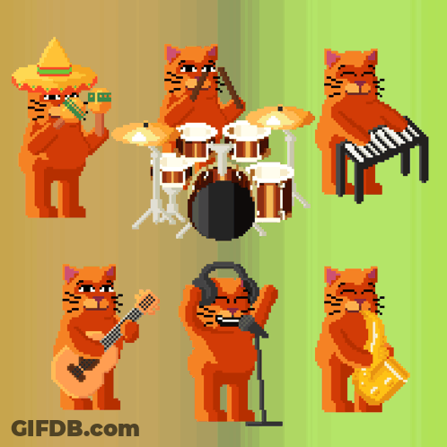 Pixel Art Cat Playing Musical Instruments GIF