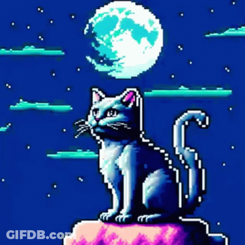 Pixel Art Cat Sitting On Rock Under Full Moon GIF