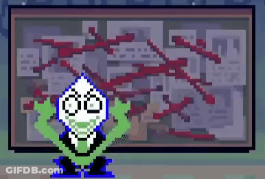 Pixel Art Character Standing By Bulletin Board With Papers GIF