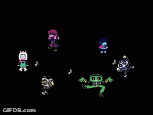 Pixel Art Characters Dancing In Dark Room With Music Notes GIF