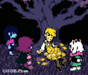 Pixel Art Characters Standing Around Tree GIF