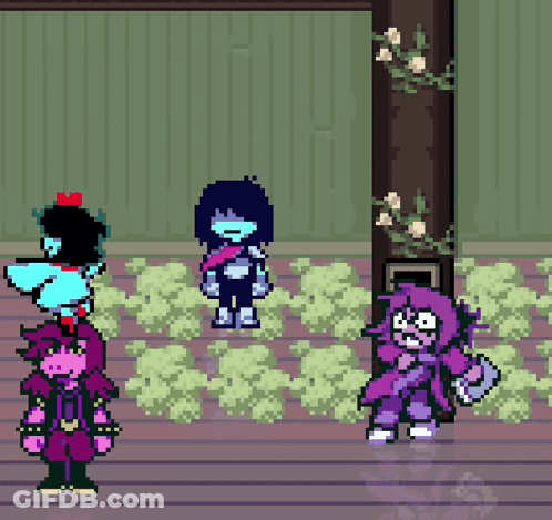 Pixel Art Characters Standing On Wooden Floor GIF