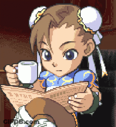 Pixel Art Chun Li Holding Coffee Reading Newspaper GIF