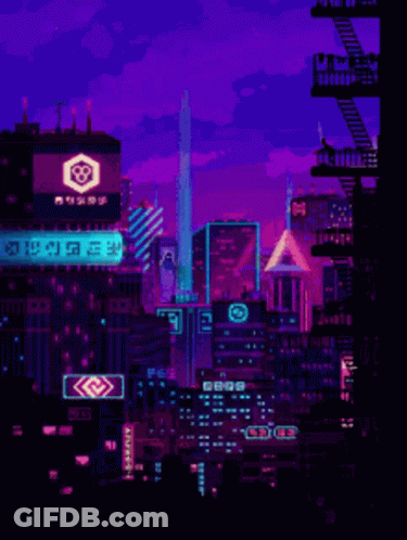 Pixel Art City At Night With GDG Sign GIF