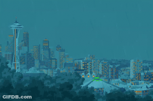 Pixel Art City Skyline At Night With Green Northwest Sign GIF