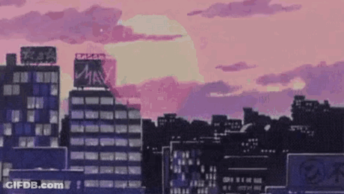 Pixel Art City Skyline Night Purple Full Moon GIF