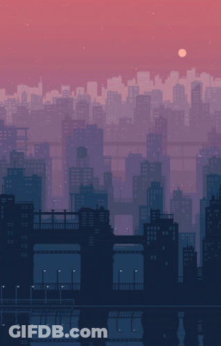 Pixel Art City With Bridge And Moon GIF