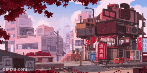 Pixel Art City With Chinese Writing GIF