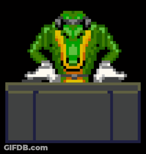 Pixel Art Crocodile Wearing Headphones At Table GIF