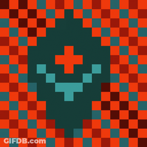 Pixel Art Cross On Red And Blue Checkered Background GIF
