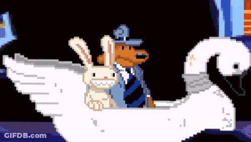 Pixel Art Dog And Rabbit Riding Swan GIF