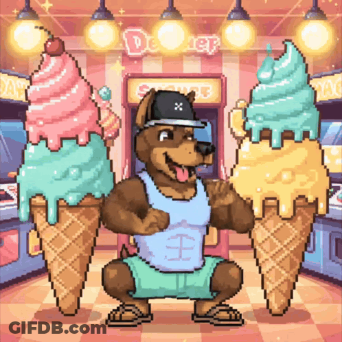 Pixel Art Dog Holding Two Ice Cream Cones GIF