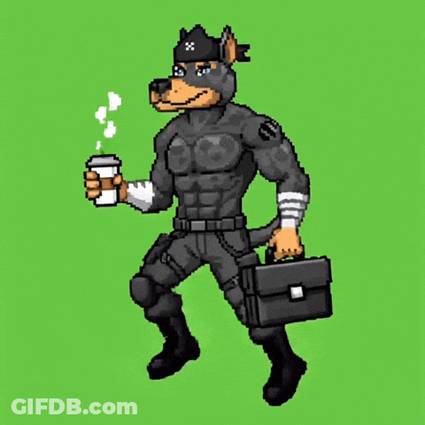 Pixel Art Dog With Briefcase And Coffee GIF