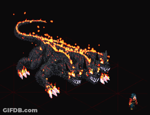 Pixel Art Fire Monster With Three Heads GIF
