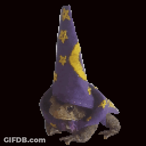 Pixel Art Frog In Purple And Yellow Wizard Hat GIF