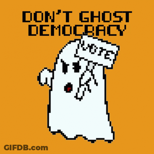 Pixel Art Ghost Holding Vote Sign GIF